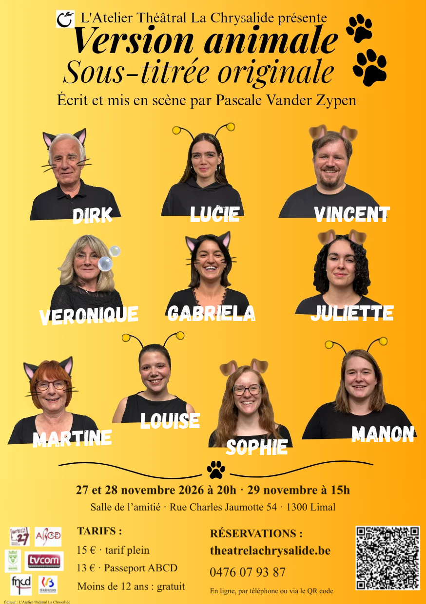 Affiche de Version animale, sous-titrée originale — les 27, 28 et 29 novembre 2026, Salle de l’amitié à Limal